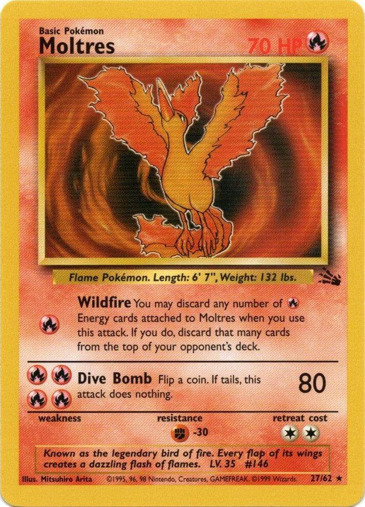 Moltres (27/62) [Fossil Unlimited] Pokémon card featuring a Fire type with Wildfire and Dive Bomb attacks.
