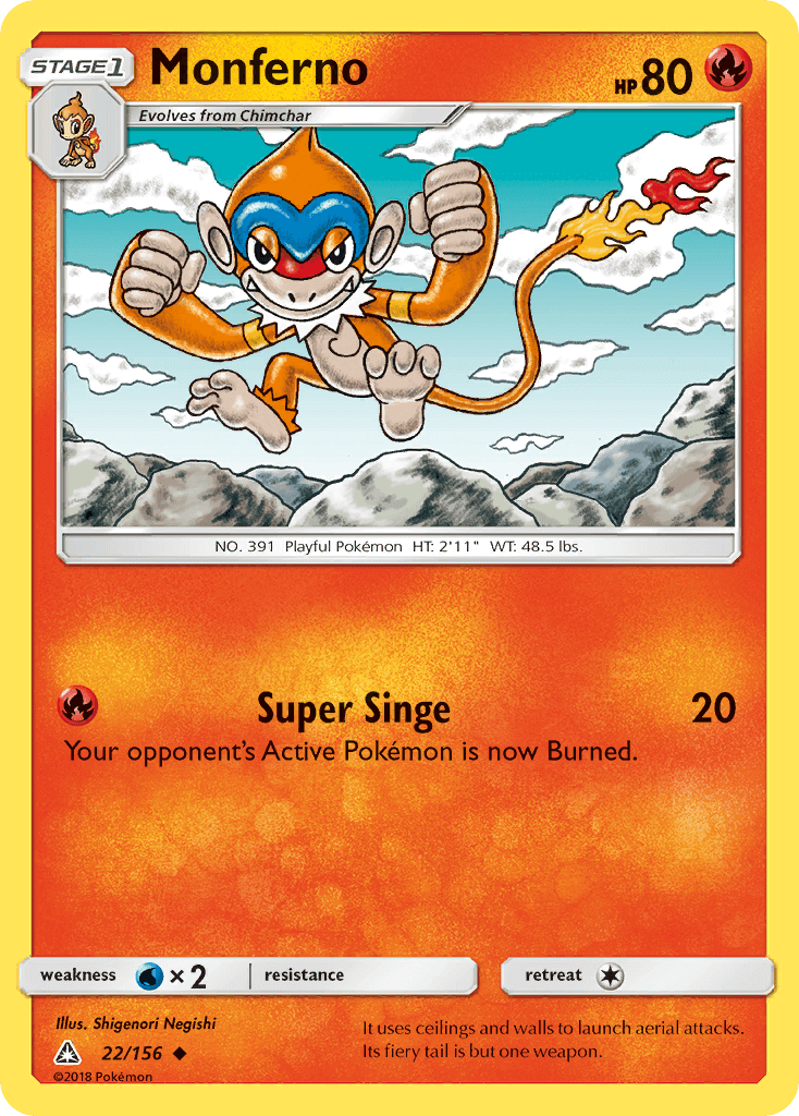 Monferno (22/156) [Sun & Moon: Ultra Prism] card featuring fiery monkey Pokémon with Super Singe attack.