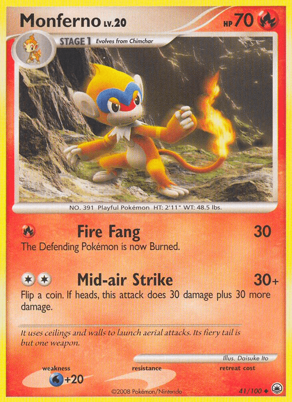 Monferno (41/100) [Diamond & Pearl: Majestic Dawn] card showing Fire Fang and Mid-air Strike moves.