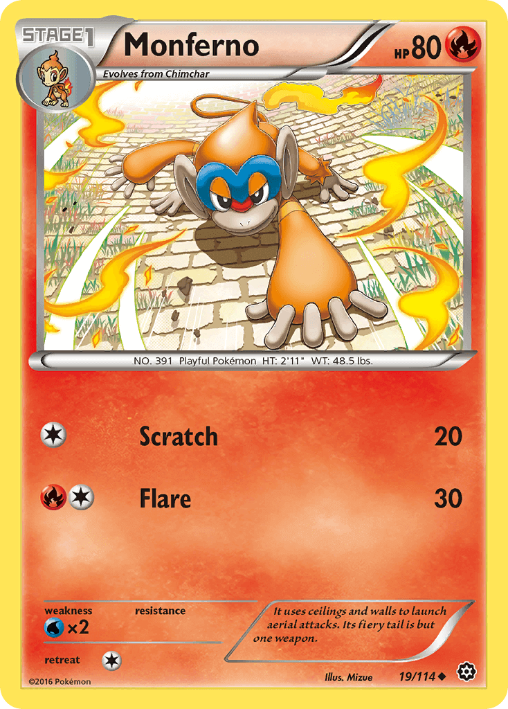 Monferno (19/114) [XY: Steam Siege] showcasing its fire type abilities and stats on a trading card.
