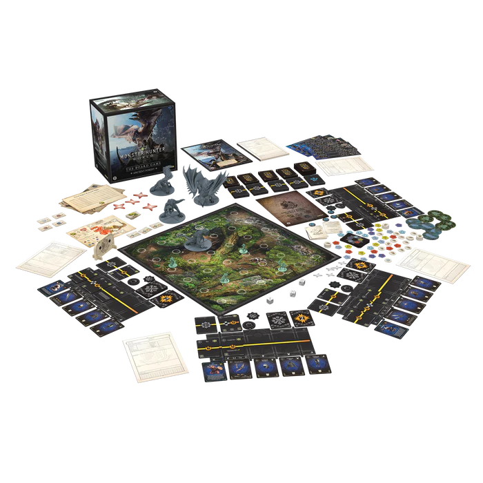 Unboxed contents of Monster Hunter World: Ancient Forest board game showing monster miniatures, cards, tokens, and map tiles
