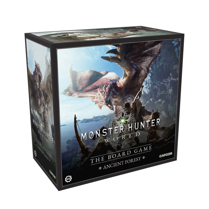 Monster Hunter World: The Board Game Ancient Forest core box featuring Capcom artwork and epic monster battles