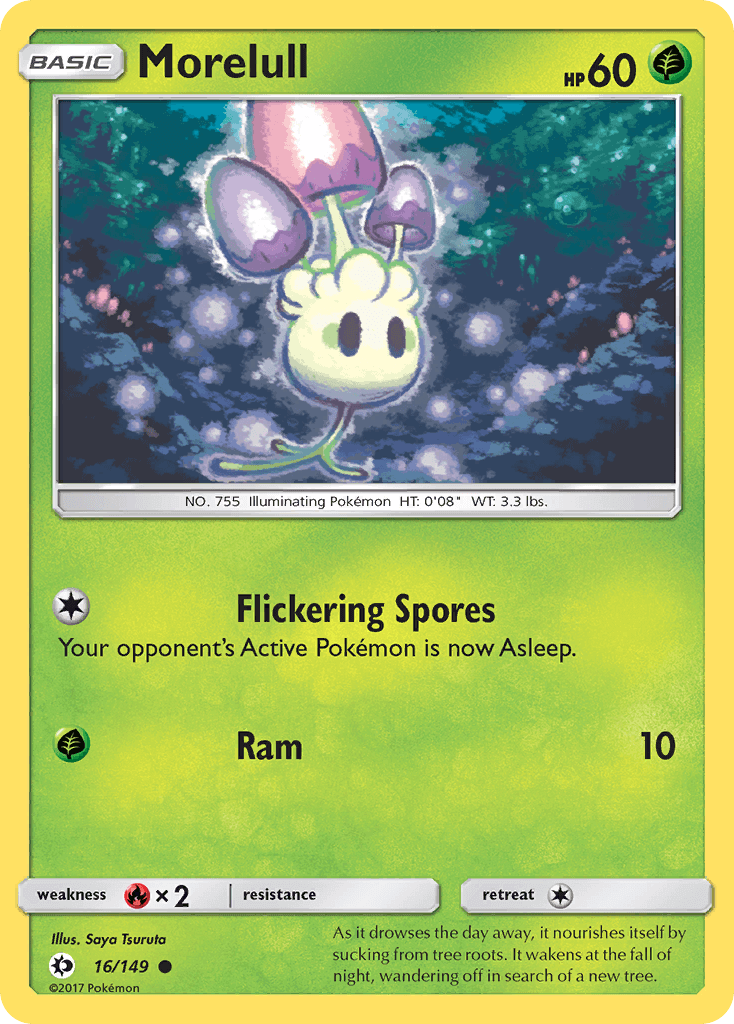 Morelull (16/149) [Sun & Moon: Base Set] Grass-type Pokémon card with Flickering Spores attack.