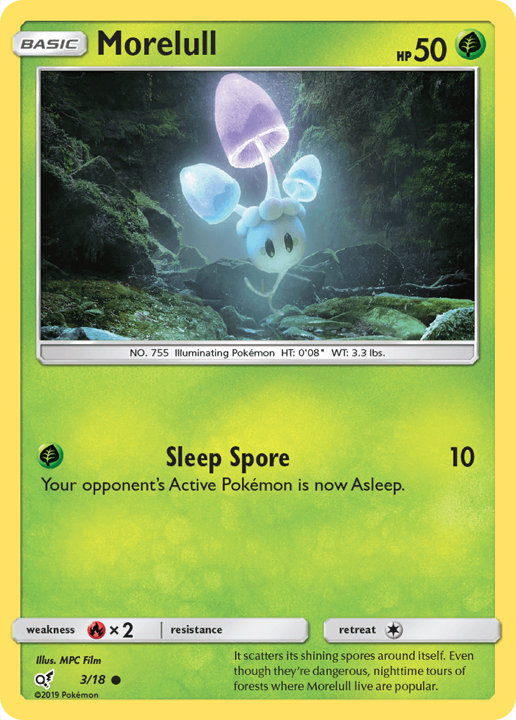 Morelull (3/18) [Sun & Moon: Detective Pikachu] card showcasing its Sleep Spore attack and grass type attributes.