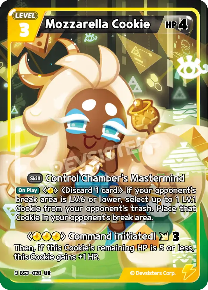 Mozzarella Cookie (BS3-028) UR – Brave Adventure | Cookie Run TCG Ultra Rare Card showcases artwork and abilities.