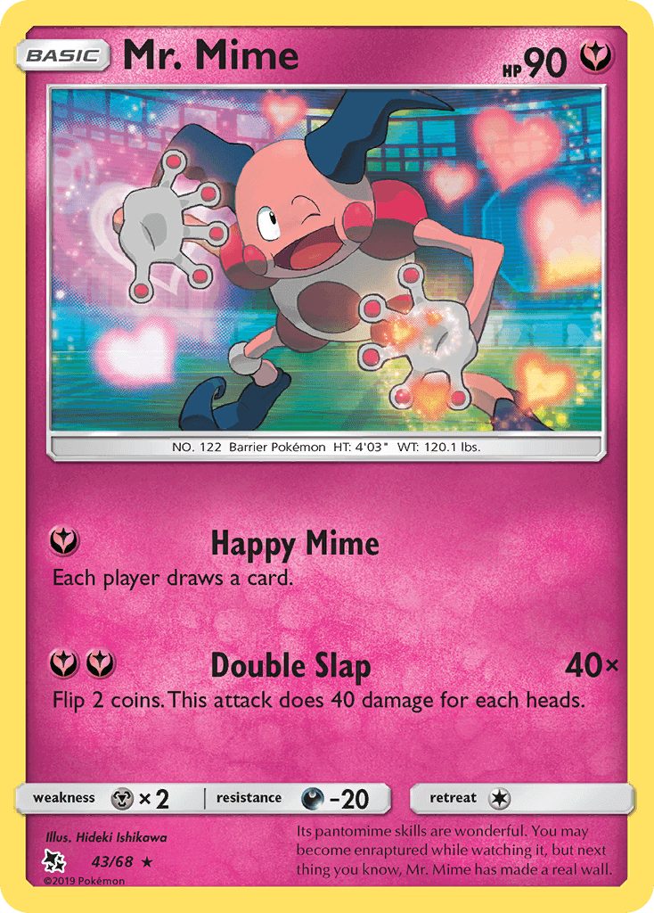 Mr. Mime (43/68) [Sun & Moon: Hidden Fates] card featuring Happy Mime and Double Slap moves.