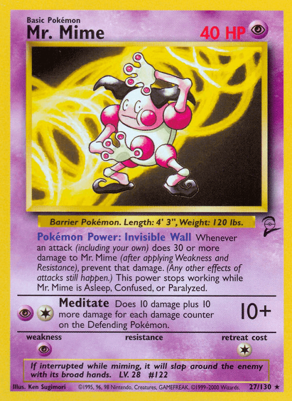 Mr. Mime (27/130) [Base Set 2] card showcasing Psychic ability and rarity, featuring colorful artwork and game statistics.