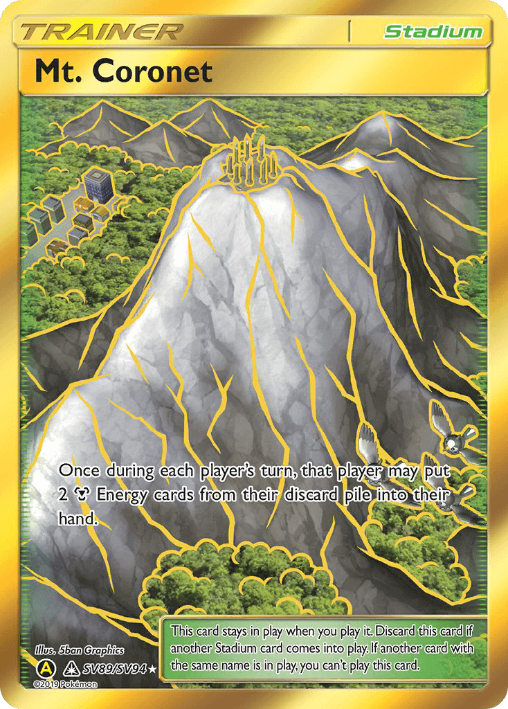 Mt. Coronet (SV89/SV94) [Sun & Moon: Hidden Fates - Shiny Vault] Stadium card featuring iconic mountain artwork.