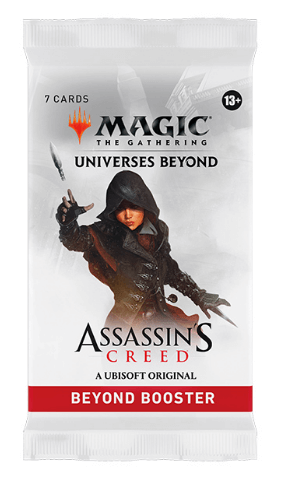 MTG: Universes Beyond- Assassin's Creed Beyond Booster Display featuring a Magic booster pack.