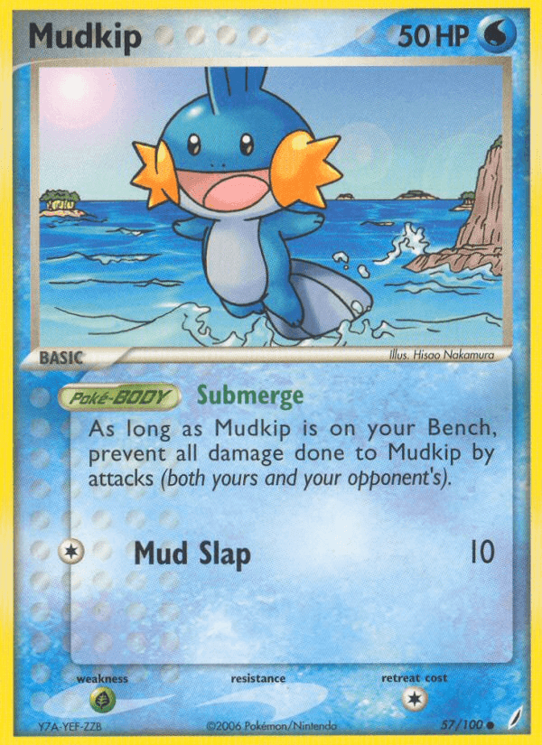 Mudkip (57/100) [EX: Crystal Guardians] trading card featuring Mudkip in a water landscape.