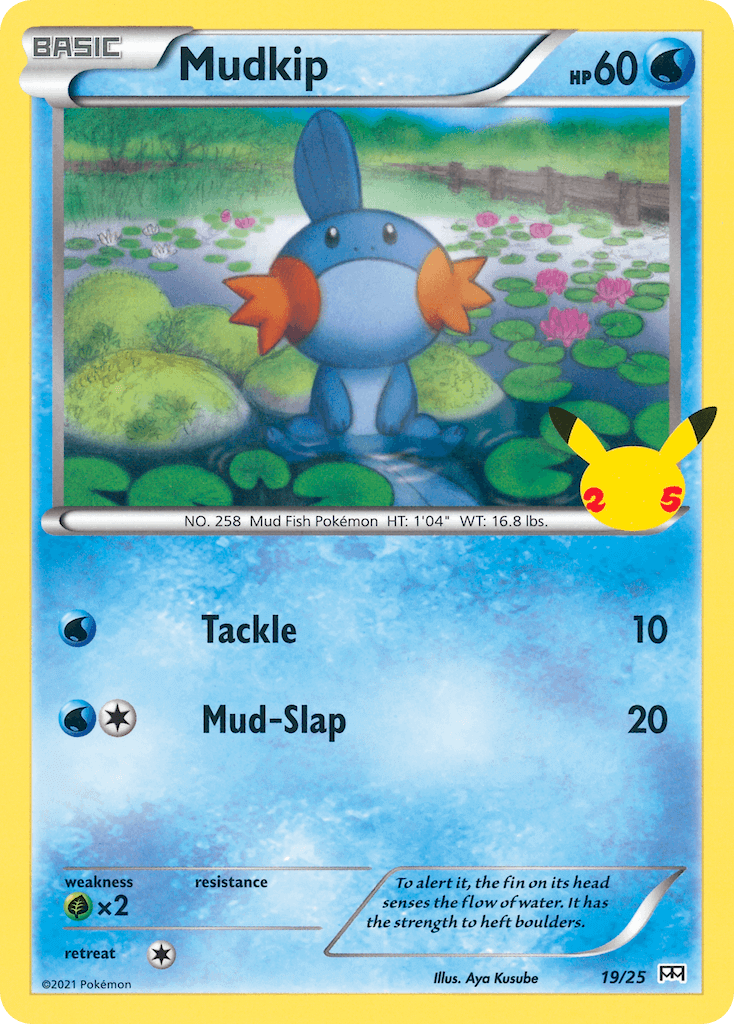 Mudkip (19/25) [McDonald's 25th Anniversary] water type Pokémon card with Tackle and Mud-Slap moves.