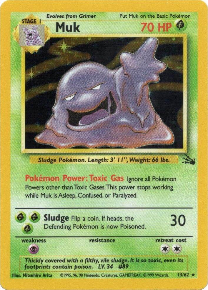 Muk (13/62) [Fossil Unlimited] card featuring Toxic Gas power and Holo Rare rarity, showcasing its unique design.