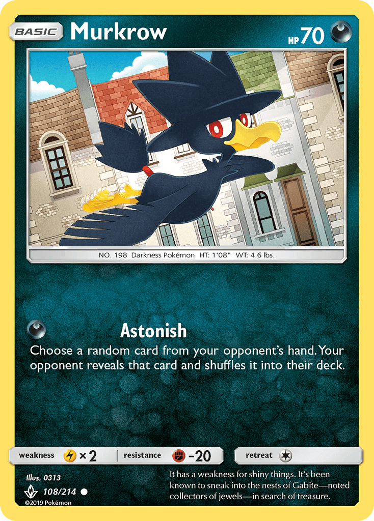 Murkrow (108/214) [Sun & Moon: Unbroken Bonds] card featuring Murkrow in action.