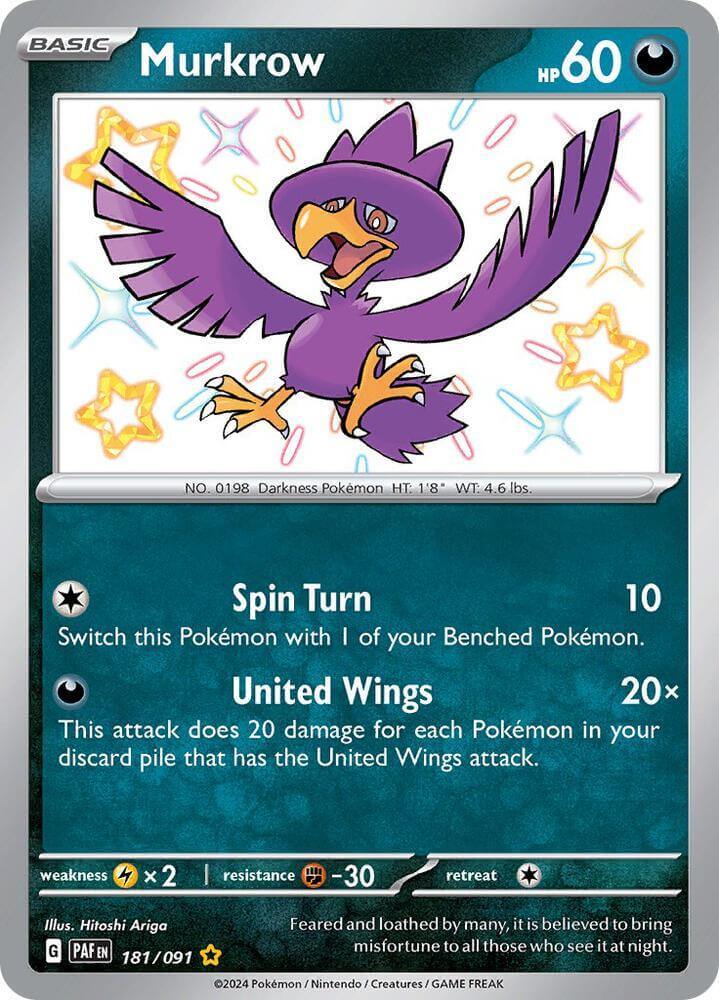 Murkrow (181/091) [Scarlet & Violet: Paldean Fates] card featuring Dark type, Shiny Rare, showcasing Spin Turn and United Wings moves.