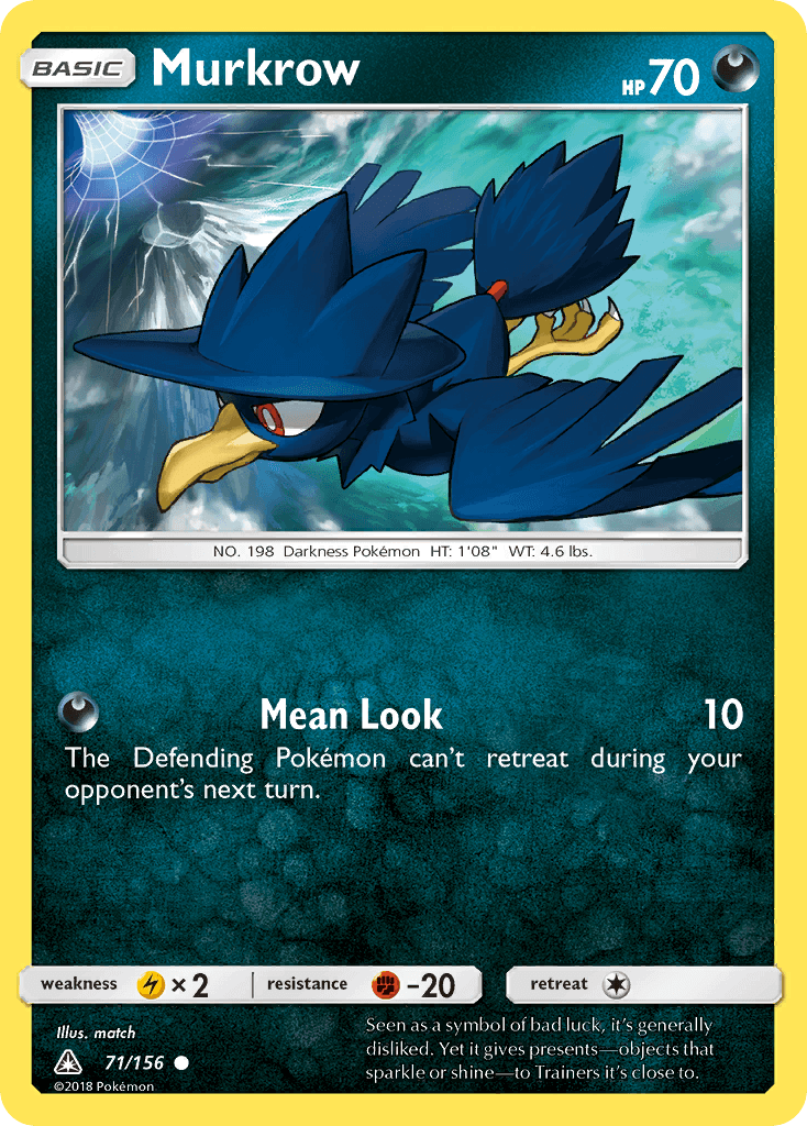Murkrow (71/156) [Sun & Moon: Ultra Prism] featuring the ability Mean Look on a Darkness Pokémon card.