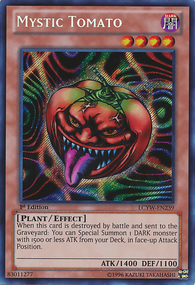 Mystic Tomato [LCYW-EN239] Secret Rare card featuring plant effect and attack defense stats.