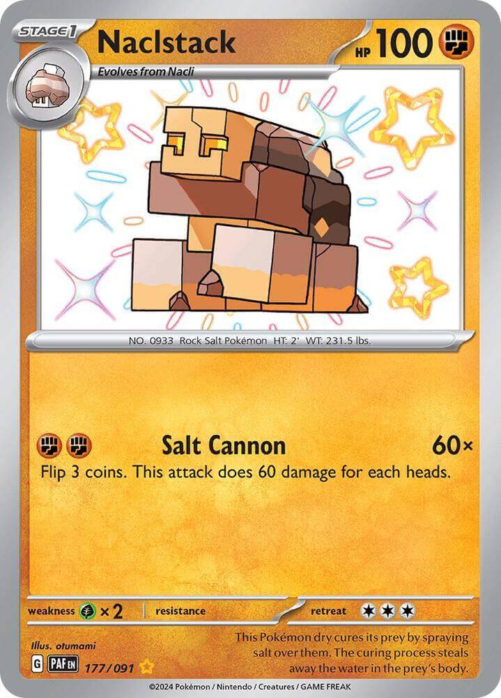 Naclstack (177/091) [Scarlet & Violet: Paldean Fates] card showcasing artwork and stats including Salt Cannon attack.