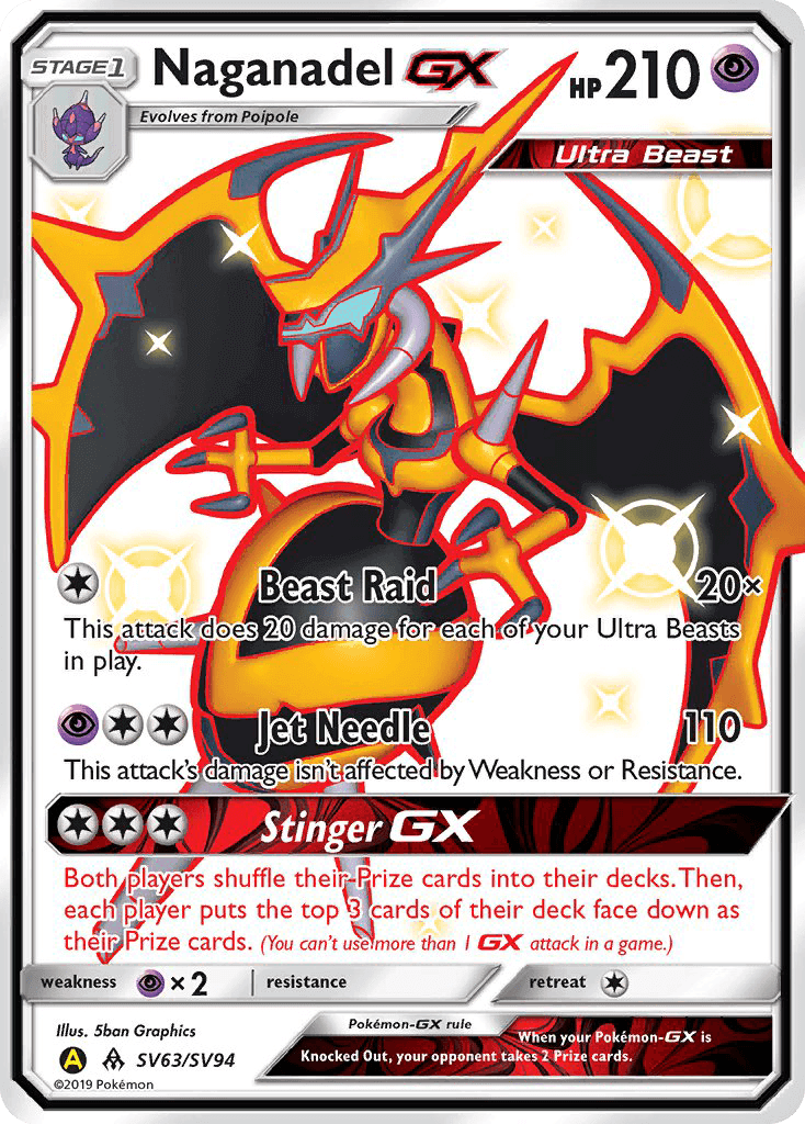 Naganadel GX (SV63/SV94) [Sun & Moon: Hidden Fates - Shiny Vault] card showcasing its abilities and artwork.