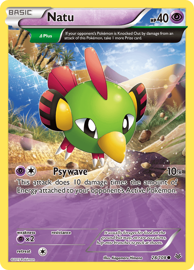 Natu (28/108) [XY: Roaring Skies] trading card featuring its Psywave attack and colorful design.