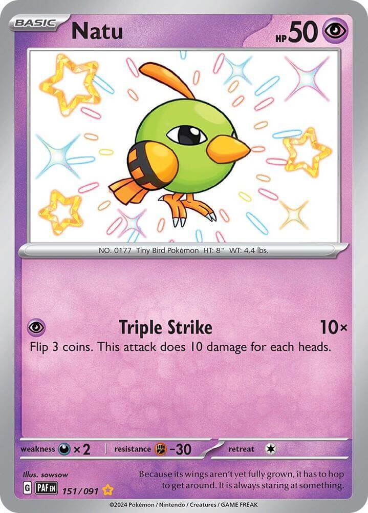 Natu (151/091) [Scarlet & Violet: Paldean Fates] featuring a shiny rare Psychic-type Pokémon card.