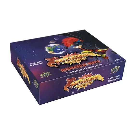 Neopets Battledome TCG: Defenders of Neopia Booster Display box featuring colorful artwork and game details.