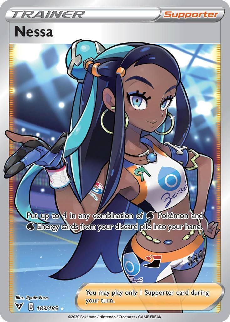 Nessa (183/185) [Sword & Shield: Vivid Voltage] Supporter card illustration with abilities.