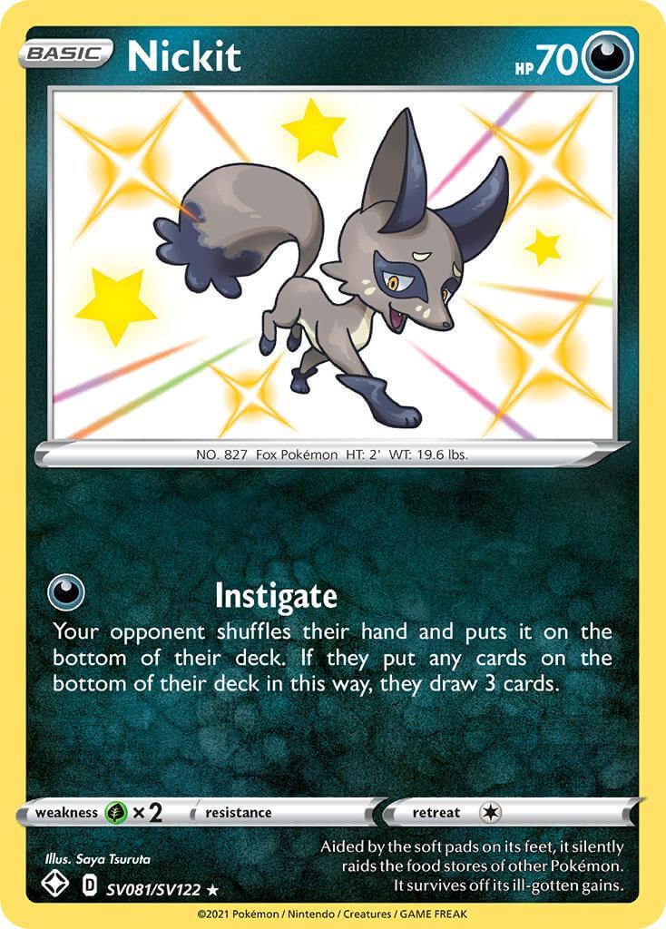 Nickit (SV081/SV122) [Sword & Shield: Shining Fates] ultra rare Pokémon card with dark-type attributes.