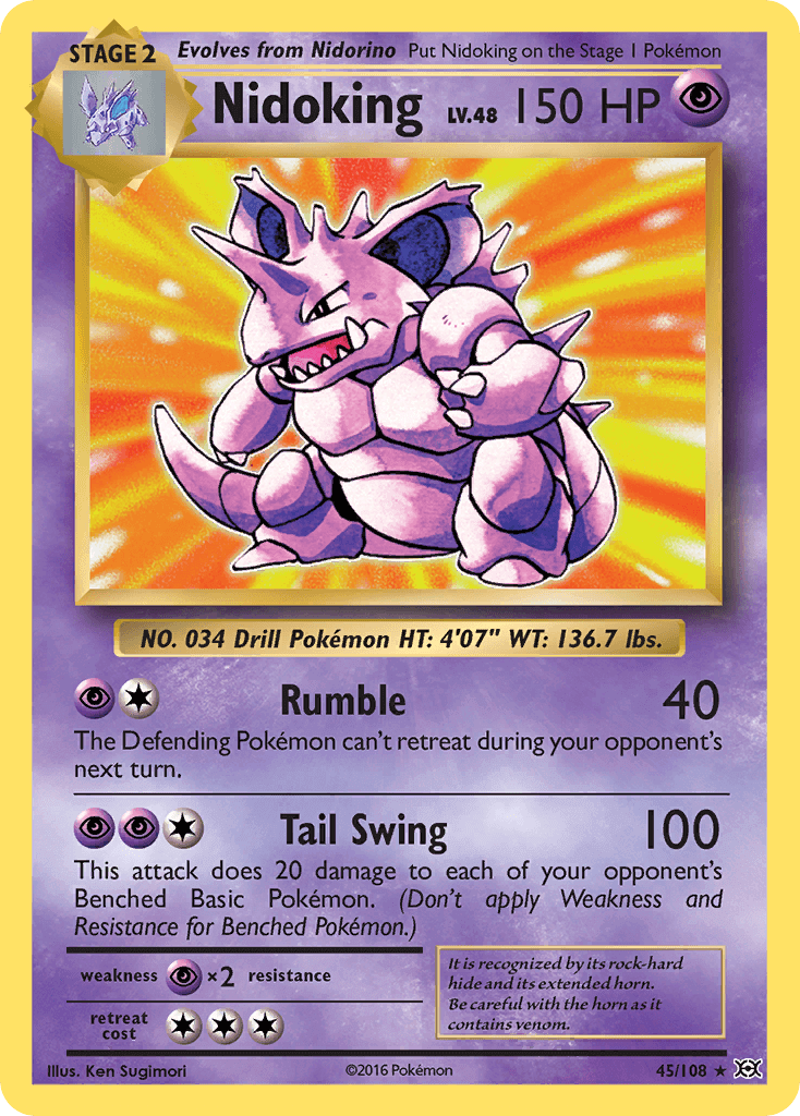 Nidoking (45/108) [XY: Evolutions] Holo Rare card featuring Psychic type with Rumble and Tail Swing moves.