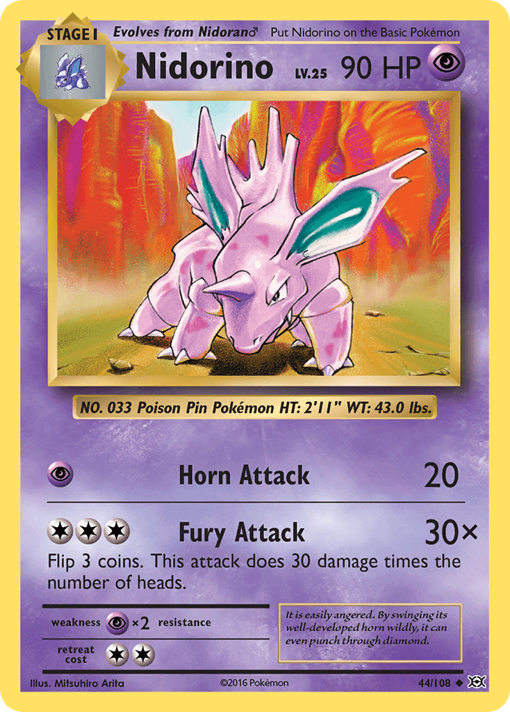 Nidorino (44/108) [XY: Evolutions] card showcasing Psychic type, featuring Horn Attack and Fury Attack abilities.
