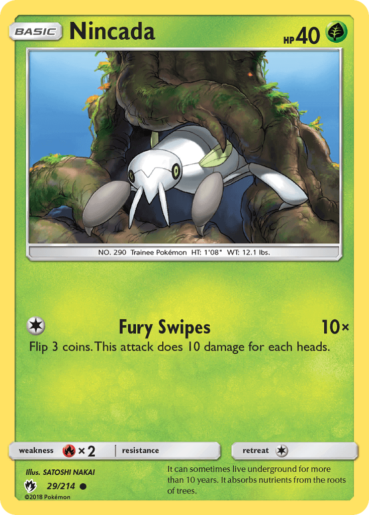 Nincada (29/214) [Sun & Moon: Lost Thunder] Grass-type Pokémon card featuring Fury Swipes attack.