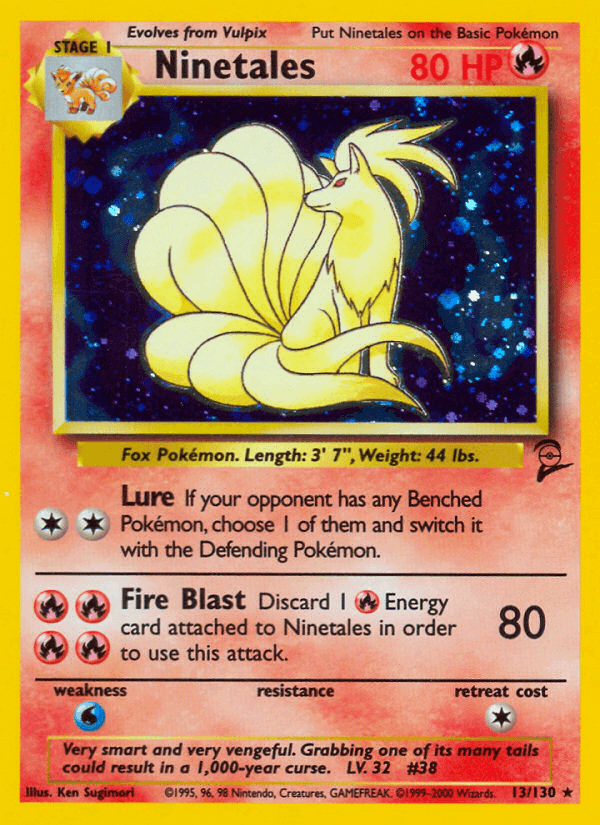 Ninetales (13/130) [Base Set 2] featuring 80 HP, Holo Rare Fire Pokémon with unique attack abilities.