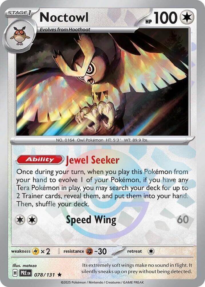 Noctowl (078/131) (Poke Ball Pattern) [Scarlet & Violet: Prismatic Evolutions] card showing its abilities and artwork.