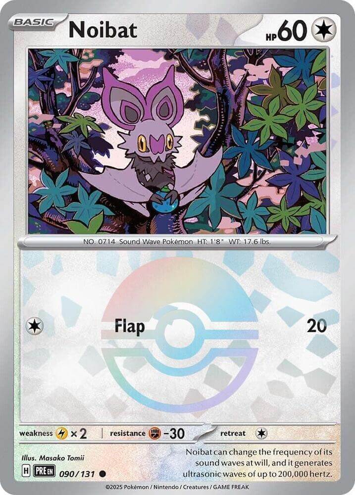 Noibat (090/131) (Poke Ball Pattern) [Scarlet & Violet: Prismatic Evolutions] card featuring vibrant design and stats.