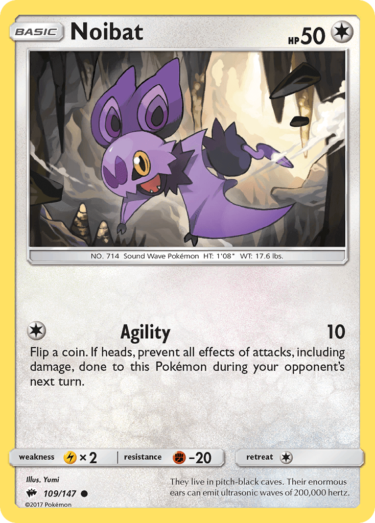 Noibat (109/147) [Sun & Moon: Burning Shadows] card featuring a playful bat Pokémon and its agility move.