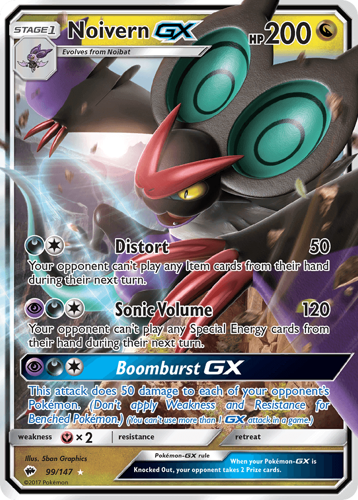 Noivern GX (99/147) [Sun & Moon: Burning Shadows] trading card showcasing its abilities.