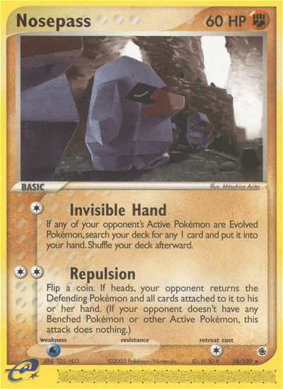 Nosepass (18/109) [EX: Ruby & Sapphire] card featuring Invisible Hand and Repulsion abilities.