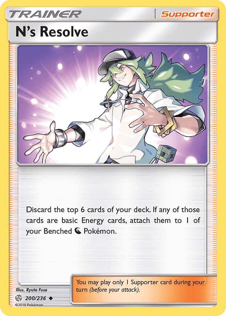 N's Resolve (200/236) [Sun & Moon: Cosmic Eclipse] Supporter card featuring N discarding top cards of deck.