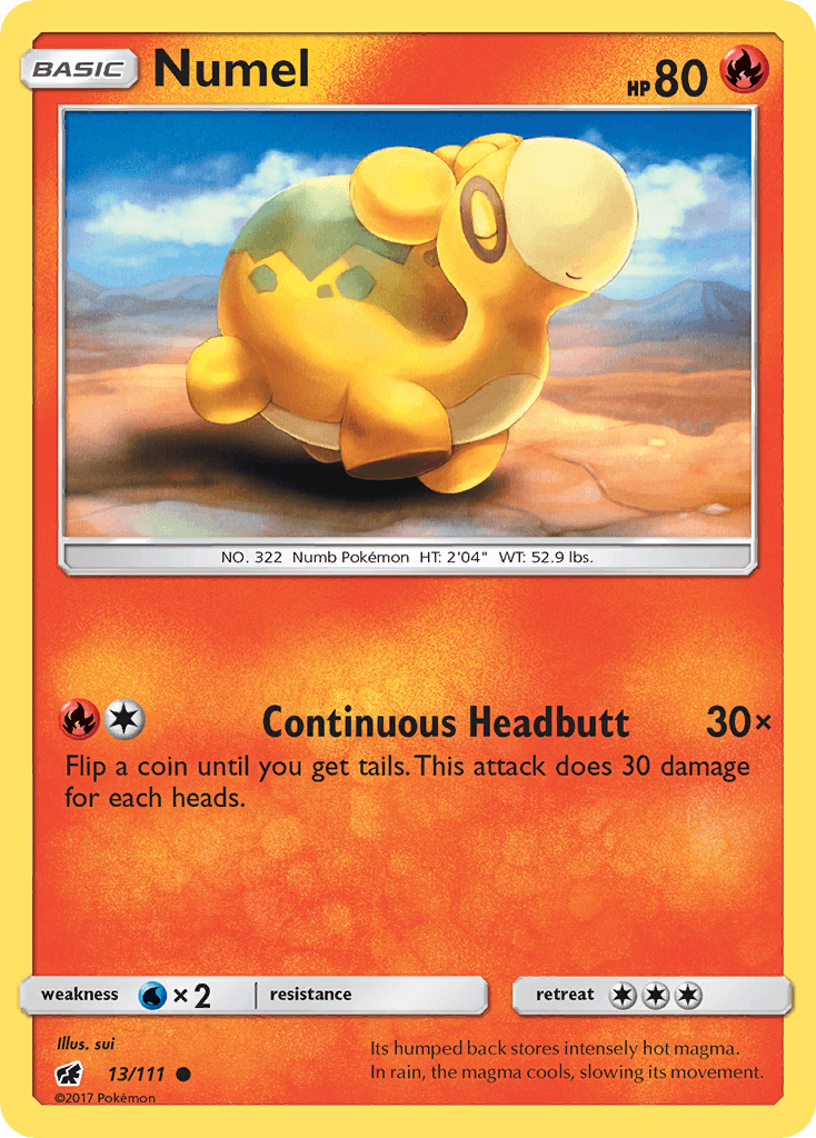 Numel (13/111) [Sun & Moon: Crimson Invasion] card featuring Fire Type with HP 80 and Continuous Headbutt attack.