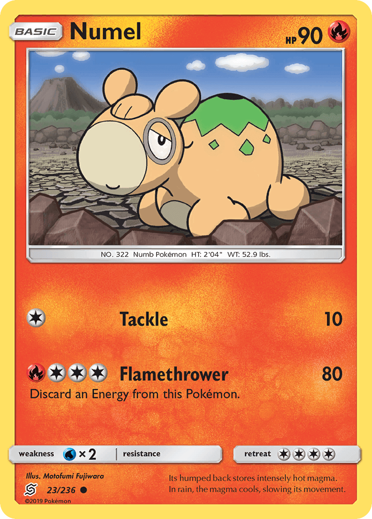 Numel (23/236) [Sun & Moon: Unified Minds] card featuring fire-type Pokémon with Tackle and Flamethrower moves.