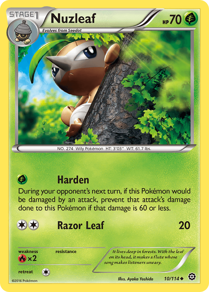 Nuzleaf (10/114) [XY: Steam Siege] card featuring Grass-type Pokémon with HP 70 and attacks Harden and Razor Leaf.