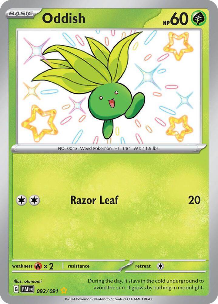 Oddish (092/091) [Scarlet & Violet: Paldean Fates] Grass type shiny rare Pokémon card with starry background.