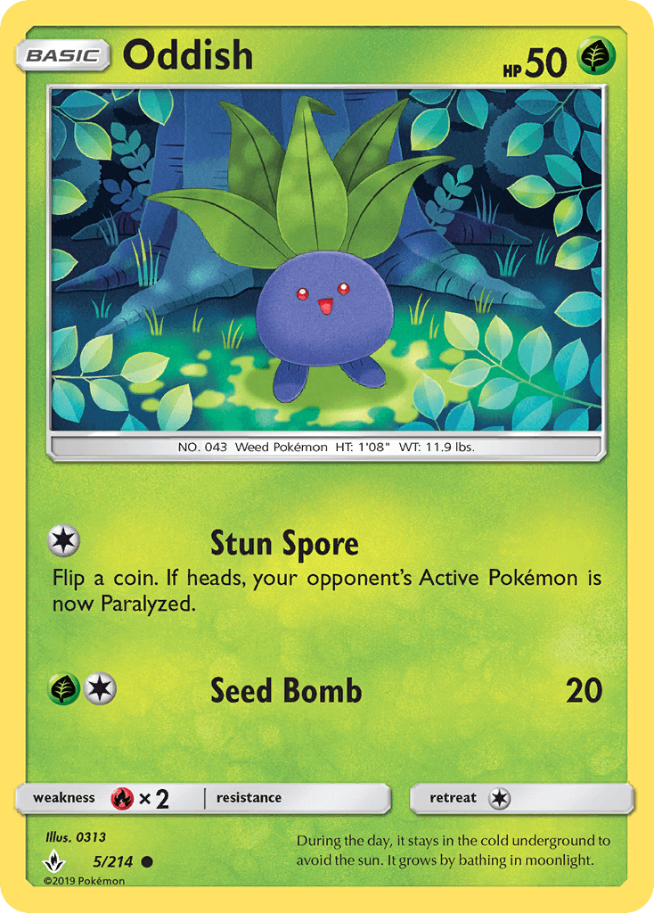 Oddish (5/214) [Sun & Moon: Unbroken Bonds] Pokémon card featuring Stun Spore and Seed Bomb abilities.