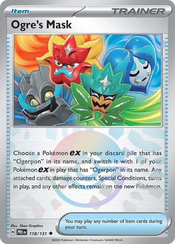 Ogre's Mask (118/131) (Poke Ball Pattern) [Scarlet & Violet: Prismatic Evolutions] item card showcasing various Pokémon designs.
