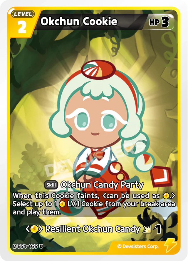 Okchun Cookie BS4-035 U | Uncommon Card featuring the character and skills in a colorful design.
