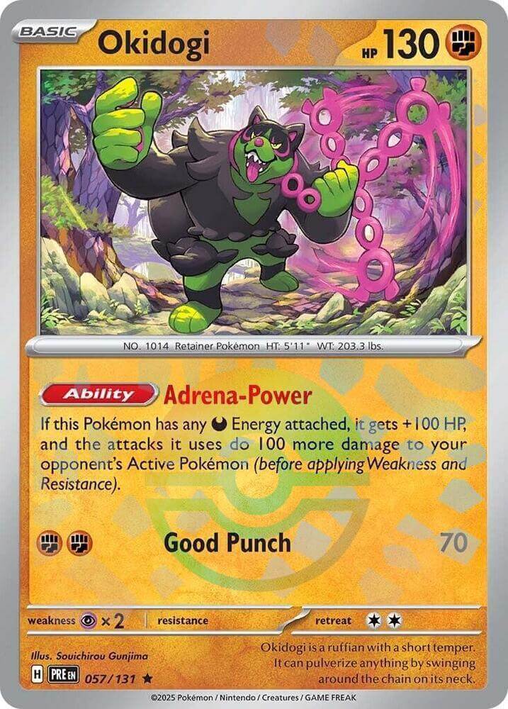 Okidogi (057/131) (Poke Ball Pattern) [Scarlet & Violet: Prismatic Evolutions] card featuring Adrena-Power ability.
