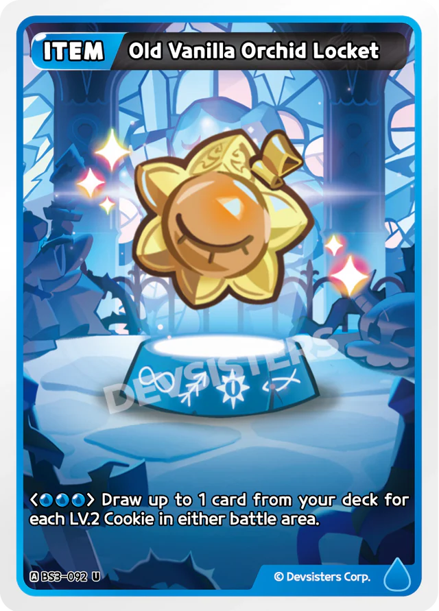 Old Vanilla Orchid Locket BS3-092 U | Uncommon Card displayed in a colorful game setting with card details.