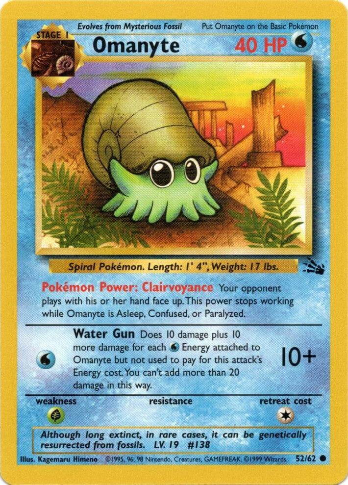 Omanyte (52/62) [Fossil Unlimited] card featuring Water type Pokémon with unique Clairvoyance power.