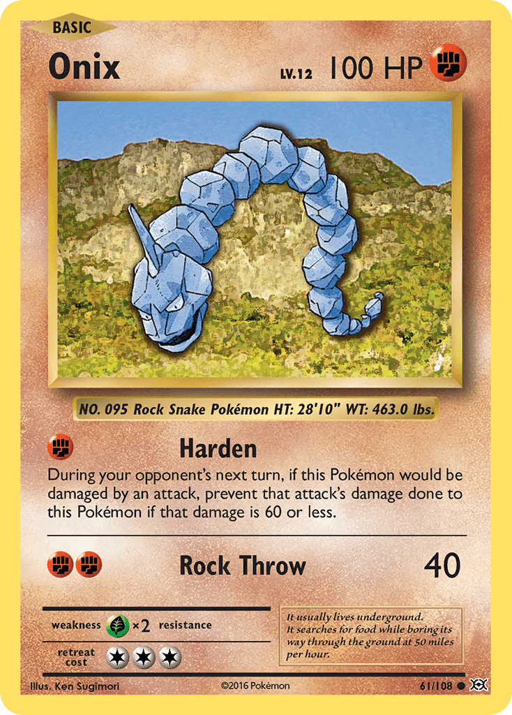 Onix (61/108) [XY: Evolutions] card featuring Rock Snake Pokémon with 100 HP and attacks Harden and Rock Throw.