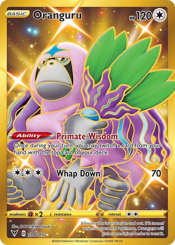 Oranguru (199/185) [Sword & Shield: Vivid Voltage] card featuring Primate Wisdom ability and Whap Down move.