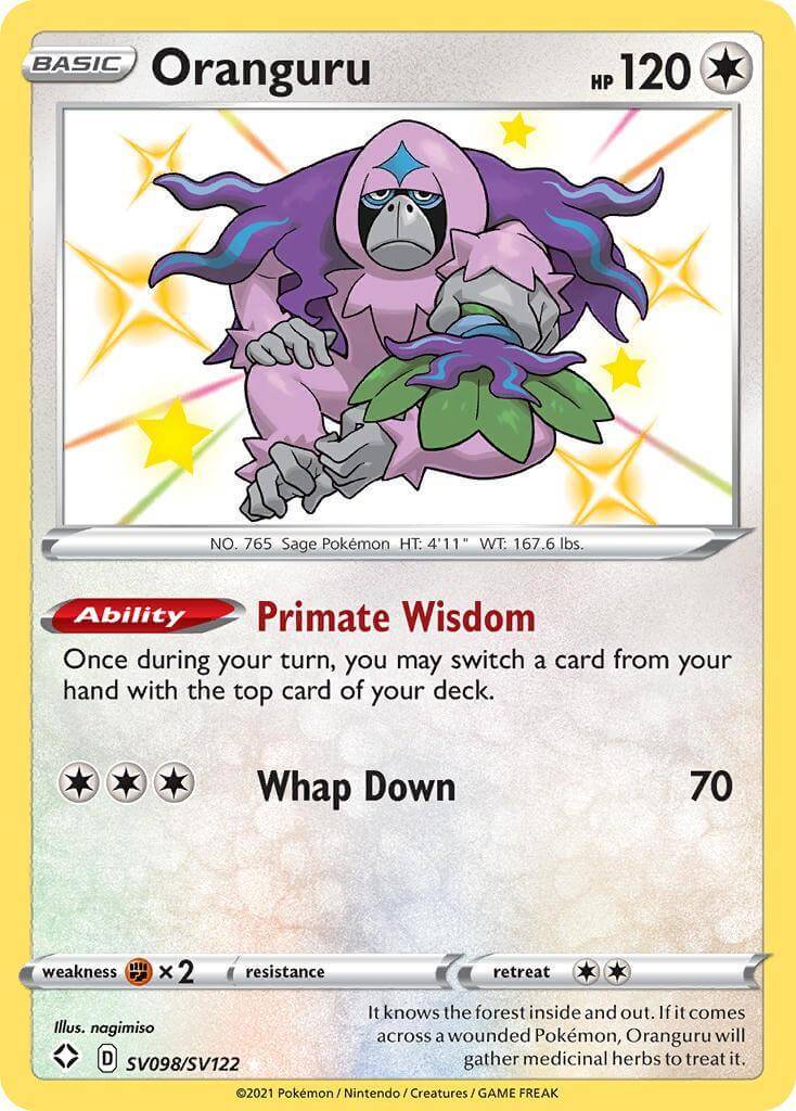 Oranguru (SV098/SV122) [Sword & Shield: Shining Fates] trading card featuring Primate Wisdom ability.